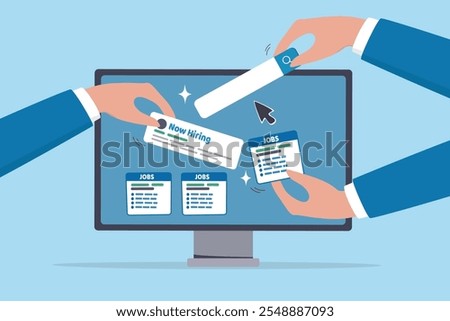 Job posting on recruitment website, employment or career opportunity online, HR or human resource offer help wanted or hiring position vacancy, HR hand posting job vacancy on online career website.