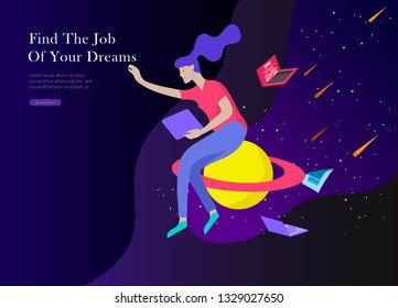 Job presentation banner page. Inspired People flying, choose career or interview a candidate, agency human resources creative find experience. Character find work of dreams, design illustration