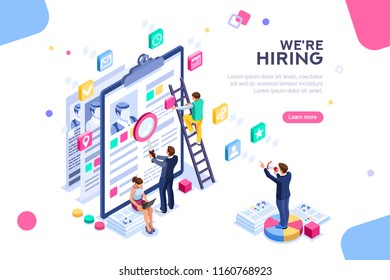 Job presentation fair banner page, choose career or interview a candidate. Job agency human resources creative find experience. Work concept with character and text. Flat isometric vector illustration
