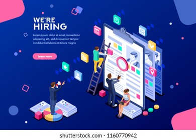 Job presentation fair banner page, choose career or interview a candidate. Job agency human resources creative find experience. Work concept with character and text. Flat isometric vector illustration