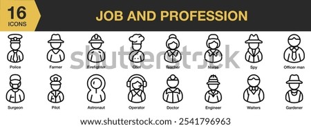 Job And Profession icon set. Includes gardener, nurse, officer man, operator, pilot, spy, surgeon, and More. Outline icons vector collection.