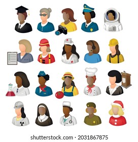 
Job profession sticker icons set. 20 different profession icons. Isolated on a white background. Gender equality womens profession concept. Vector illustration.