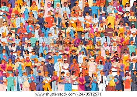 Job professions crowd. Different occupation career diverse people together, labor union of professional workers claim, work uniform profession community recent vector illustration