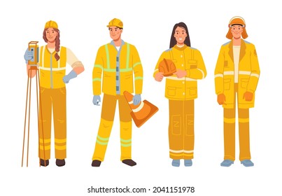 Job professions of surveyor engineer with theodolite and firefighter, road services professional workers isolated women and men flat cartoon characters. Vector construction site builder in helmet