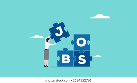 conclusão de trabalho ou projeto com o conceito de empresária inteligente completa o quebra-cabeça com a palavra jobs vetor ilustração com estilo de design plano