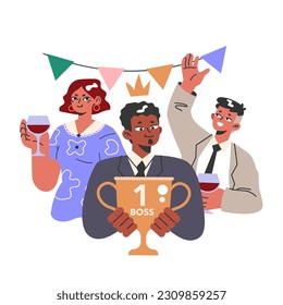 Job promotion celebration. Joyful company celebrating one of the friend's success. Mature collegues cheering the boss on a party. Flat vector illustration