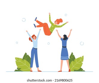 Job Promotion Celebration, Winning Prize, Work Success or Goal Achievement Congratulation. Joyful Company People Throwing Their Colleague In Air Celebrating Team Success. Cartoon Vector Illustration