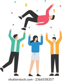 Job promotion celebration, winning prize, Success in work or goal achievement congratulation party, Team throwing their happy boss, Celebrating team success in business

