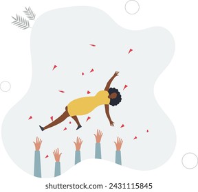 Job promotion celebration, winning prize, success in work or goal achievement congratulation party concept.
