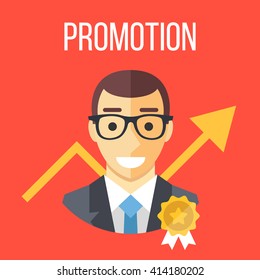 Job promotion flat illustration. Career ladder, advance in office, job development, promotion at work concepts. Graphic design elements for web site, web banner, printed materials. Vector illustration