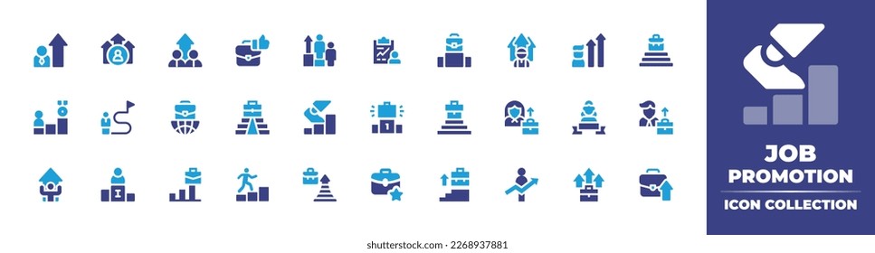 Job promotion icon collection. Duotone color. Vector illustration. Containing growth, career promotion, ascent, job promotion, employee, promotion, career, worldwide, stairs, podium, businesswoman.