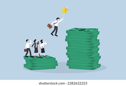 Job promotion, increase in salary to employee who consistently perfom well or produce high quality work, career reward concept, Businessman flying with star balloon to higher pile of banknote.