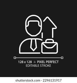 Job promotion pixel perfect white linear icon for dark theme. Career growth. Change work position. Businessman. Thin line illustration. Isolated symbol for night mode. Editable stroke