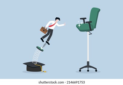 Job promotion require educational level, positive impact of education on career development concept. Businessman jumping springboard  attached to graduation cap up to higher office chair.