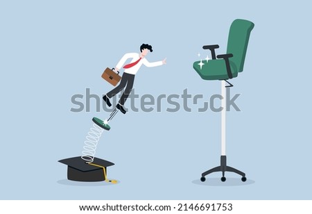 Job promotion require educational level, positive impact of education on career development concept. Businessman jumping springboard  attached to graduation cap up to higher office chair.