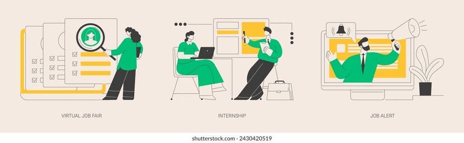 Conjunto de ilustración vectorial de concepto abstracto de propuesta de trabajo. Feria de empleo virtual, pasantía, alerta laboral, contratación en línea, servicio de recursos humanos, crecimiento profesional, construcción de la carrera metáfora abstracta.