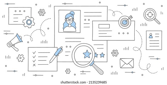 Concepto de doodle de contratación de empleo con el currículum del solicitante y el lumbrador de iconos de negocio, lápiz, cv, altavoz, sobre, objetivo con flecha. Entrevista, búsqueda de recursos humanos, ilustración vectorial de líneas de arte