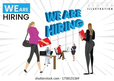 Job recruiting advertisement represented by 'WE ARE HIRING' texts. or job seekers wating with CV. Job interviews going on otherside the concept represent  hiring position and recruitment.
