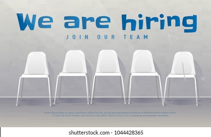 Job Recruiting Banner. Copy Space. We Are Hiring. Join Our Team. Vacant Chairs Near Office Wall. Hiring Concept. Vector Illustration