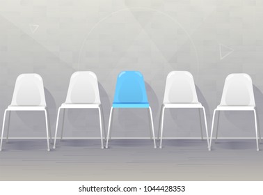 Job recruiting concept banner. Vacant chairs near office wall. One of them has blue color represent the hiring position to be recruited and filled. Vector illustration