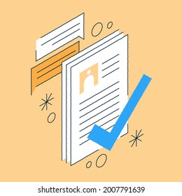 Job recruiting isometric illustration approved candidates cv to vacancy position. Hand drawn positive result after work interview, summary applying, employment, finding professional skills staff