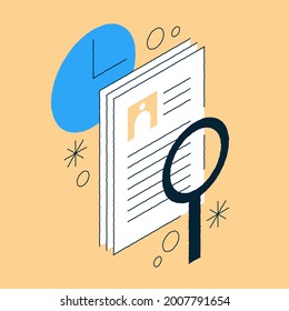 Job recruiting isometric illustration. Hand drawn hr professional occupation, searching cv summary, choosing candidates. Recruiter examining paper document personal information before interview