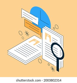 Job recruiting isometric illustration huge stack of paper candidate cv for searching staff. Hand drawn recruiter workplace choosing employee, examination summary with magnifying glass. Hr occupation