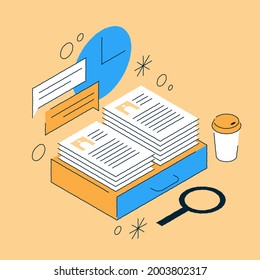 Job recruiting isometric illustration searching candidates cv use magnifying glass. Hr professional occupation, work interview, choosing employees, examination summary to vacancy position