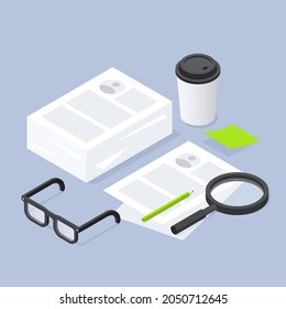 Job recruiting isometric paperwork vector illustration. Recruiter workplace two stack of paper sheet cv resume documents. Career opportunity searching professional staff analyzing information form