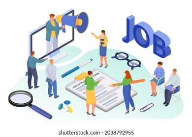 Job recruiting isometric, vector illustration, employment for tiny man woman character, flat person use loudspeaker for hr work, candidate