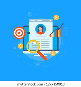 Job recruitment, job candidate evaluation flat vector illustration. Job candidate CV assessment, interviewing, selection, recruiting. Design for web banners and apps