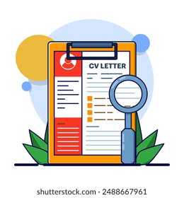 Job Recruitment Concept, Cv on Clipboard with Magnifying Glass. Corporate jobs, looking for qualified candidates. magnifying glass CV data on clipboard, selecting recruitment for interview.