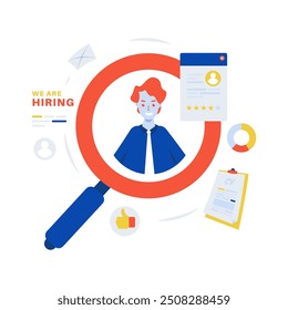 Concepto de reclutamiento de trabajo, selección de candidatos de contratación de diseño plano, lupa con perfil de candidato, Ilustración vectorial