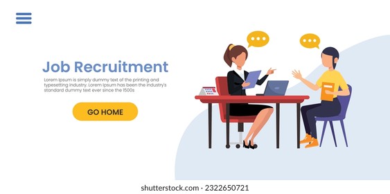Job Recruitment concept illustration. Workplace in the office with an empty chair and a vacancy sign. Search for employees in an IT company. Table with computer and chair. We're hiring template