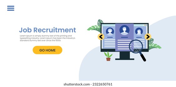 Job Recruitment concept illustration. Workplace in the office with an empty chair and a vacancy sign. Search for employees in an IT company. Table with computer and chair. We're hiring template