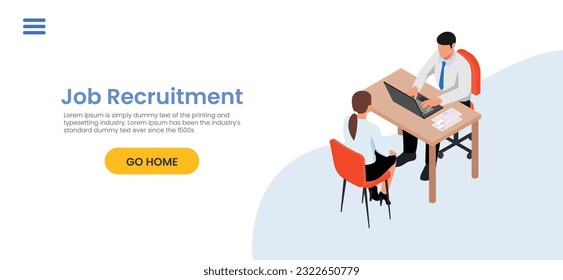 Job Recruitment concept illustration. Workplace in the office with an empty chair and a vacancy sign. Search for employees in an IT company. Table with computer and chair. We're hiring template