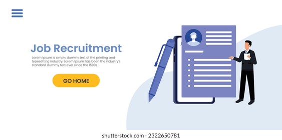 Job Recruitment concept illustration. Workplace in the office with an empty chair and a vacancy sign. Search for employees in an IT company. Table with computer and chair. We're hiring template