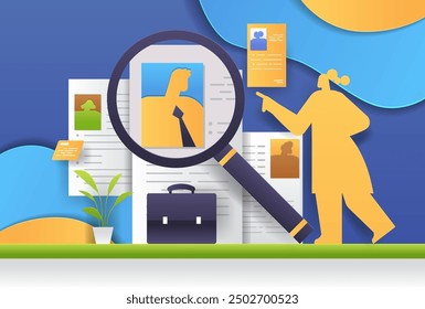 Job recruitment concept magnifying glass resumes silhouettes. Illustration shows magnifying glass over resumes with a person pointing briefcase plant abstract background. Paper cut style