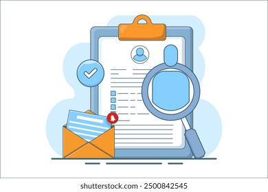 Job recruitment concept. Online job interview, HR Manager looking for potential job candidates and analyzing CV, applying for job positions, recruitment process. Flat vector illustration.