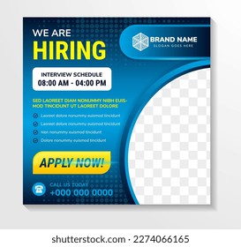 Job recruitment engineer design for companies. Square social media post layout. We are hiring banner, poster, background template with blue gradient color. dot halftone pattern with space photo.