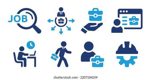 Job recruitment icon set. Containing job interview, vacancy, employment, looking for job and hiring employee icons. Vector illustration.