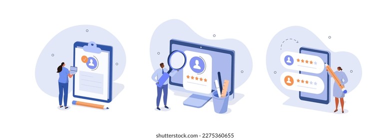 Job recruitment illustration set. Characters show process of hiring new employees. Hr managers searching job candidate, reading CV and giving reviews. Employee selection concept. Vector illustration.