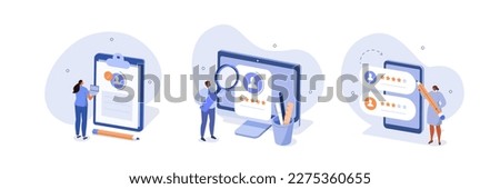 Job recruitment illustration set. Characters show process of hiring new employees. Hr managers searching job candidate, reading CV and giving reviews. Employee selection concept. Vector illustration.