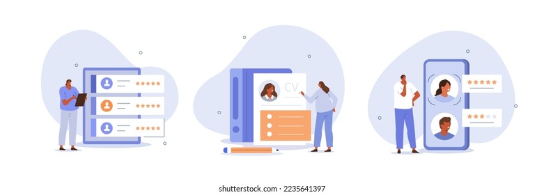 Juego de ilustraciones de contratación de trabajo. Su gerente busca posibles candidatos a empleos y planifica recursos humanos. Escritura de caracteres CV y solicitud de puesto de trabajo. Concepto de contratación. Ilustración vectorial.