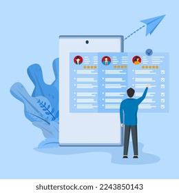 Job recruitment process concept. HR managers search for new hires, read CVs and provide job candidate reviews. Characters applying for a job position. Vector illustration.