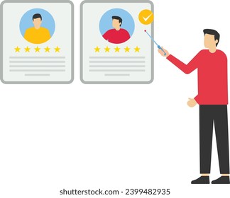 Job recruitment process concept. HR managers search for new hires, read CVs and provide job candidate reviews. Characters applying for a job position.