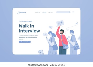 Job recruitment process, Walk in interview, Job seekers standing in line illustration on landing page design