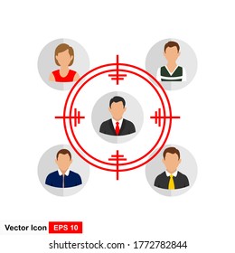 Job recruitment, workers hiring or social media concept. group of people with selected avatar inside target. Vector illustration.