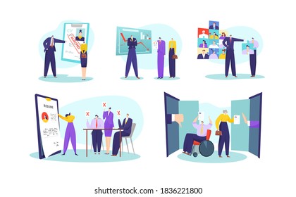 Job rejection concept, human resources, job application, job interviewer rejected vector illustration. Hr manager decline employment candidate who failed interviewing. Reject job interview.