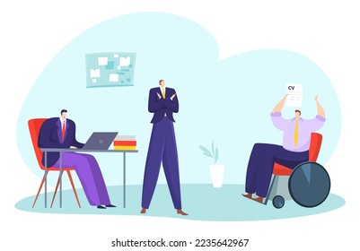 Job rejection concept, vector illustration, flat disabled man character hold cv, look for business work, boss person show refuse gesture.